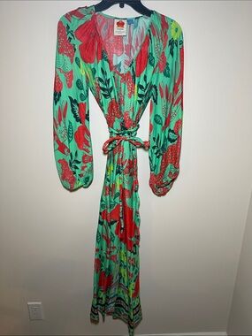 FARM Rio Green & Tomato Red Floral Midi Dress With Detachable Tie Belt